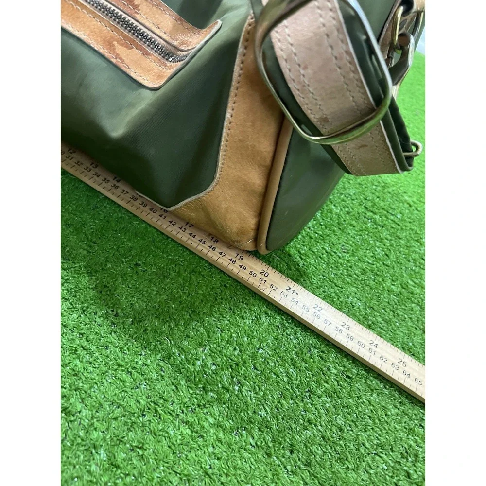 Vintage Waxed Canvas Weekender Duffle Bag Olive Drab Brown Leather Western 70s